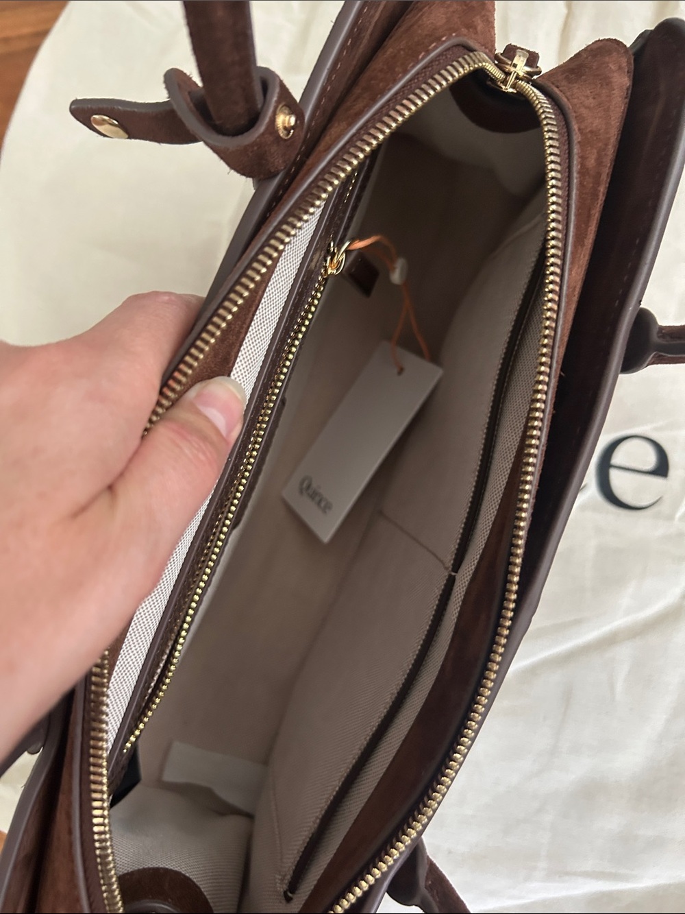 Quince Bea Cognac Suede Long-Handle Shoulder Bag - Picture 5 of 5